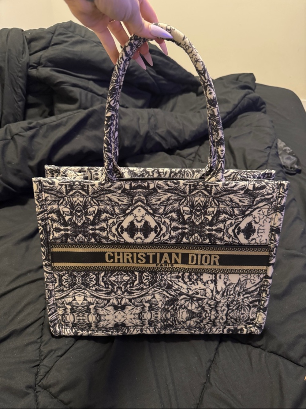 Dior Black and Cream Patterned Canvas Tote with CHRISTIAN DIOR Logo